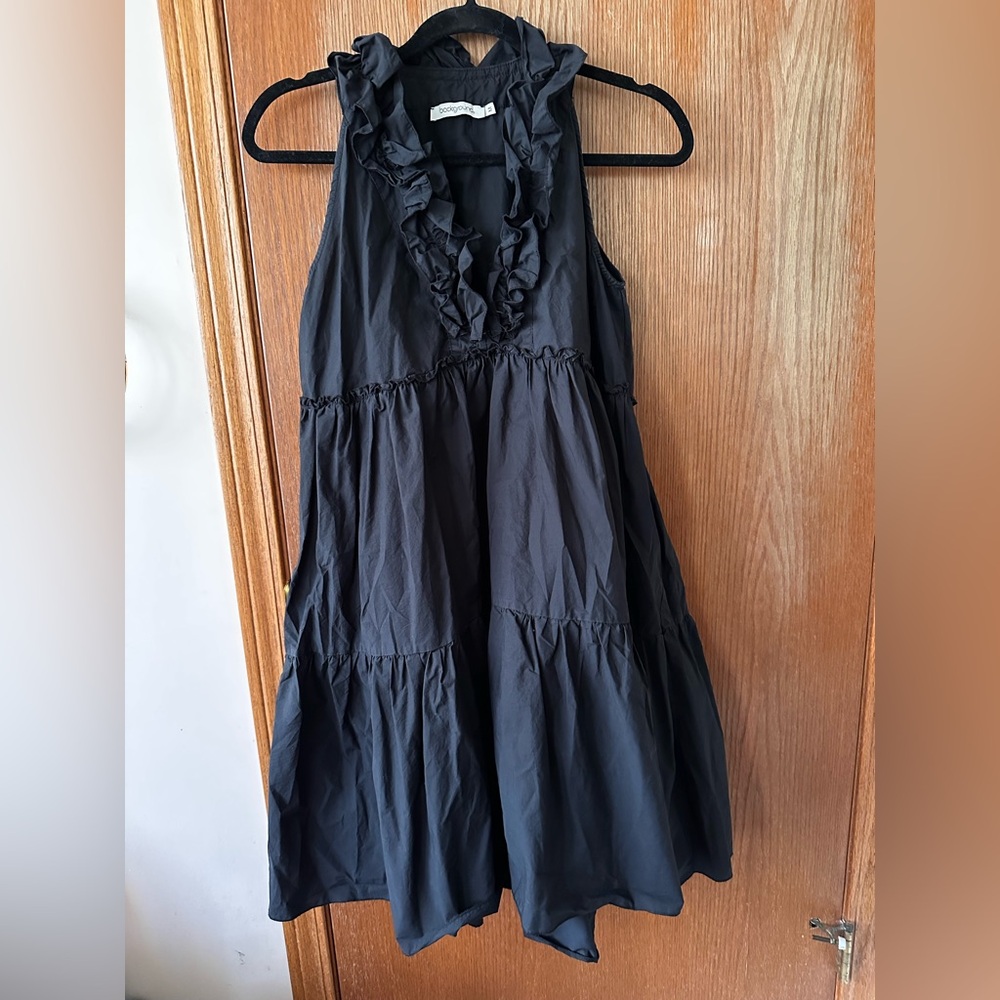 Ruffled V-Neck Mini Dress - Black